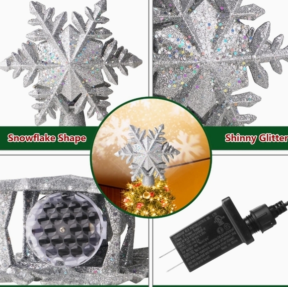 Silver Christmas Tree Topper with Rotating LED Snowflake Projector Lights - Picture 7 of 11